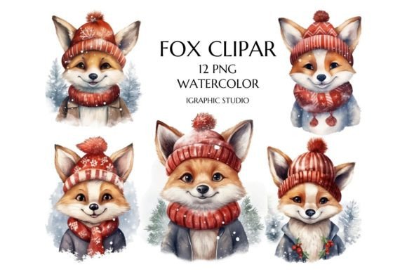 Download Watercolor Christmas Fox Clipart - Premium Bundle